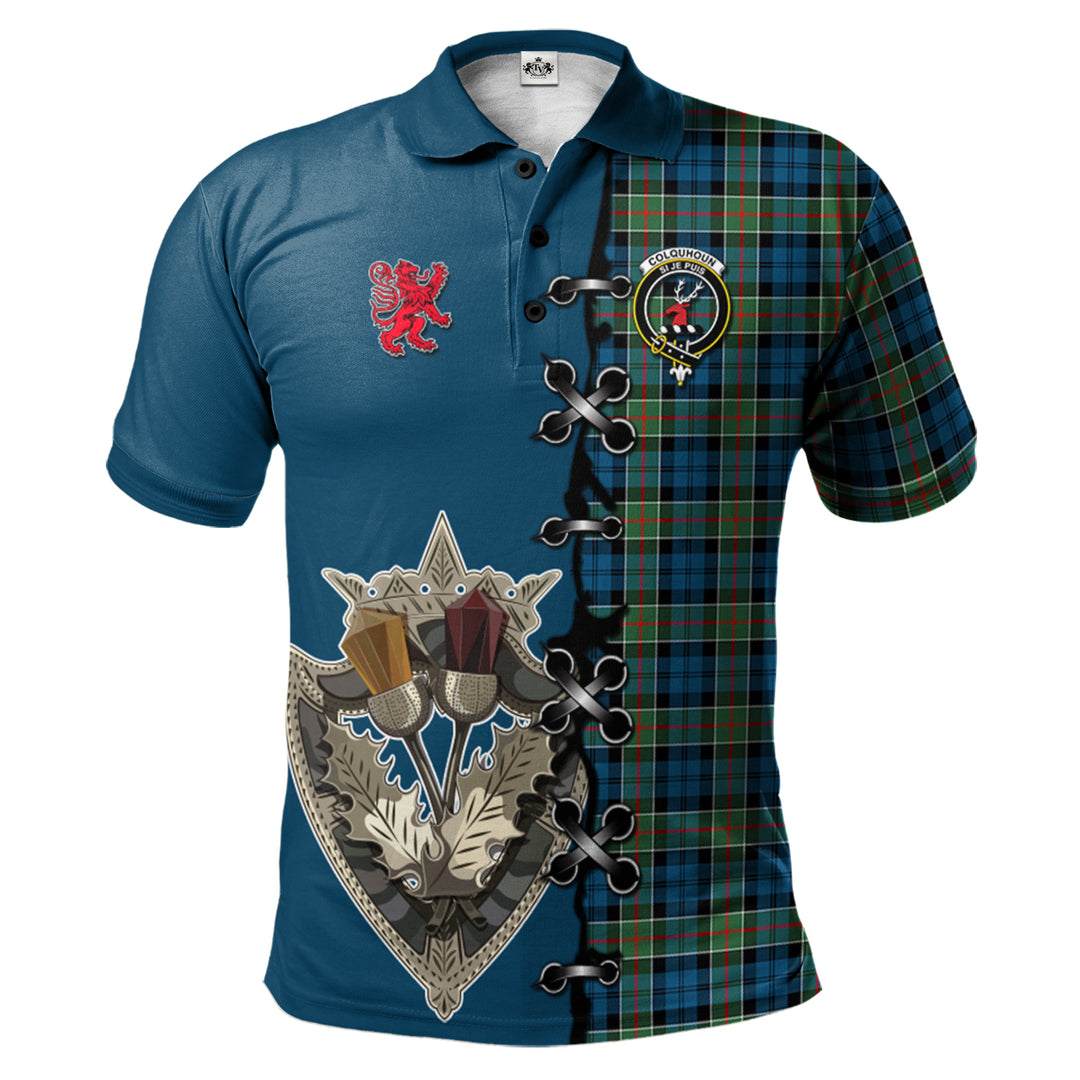 Clan Colquhoun Ancient Tartan Polo Shirt - Lion Rampant And Celtic Thistle Style CD85 Colquhoun Ancient Tartan Tartan Polo   
