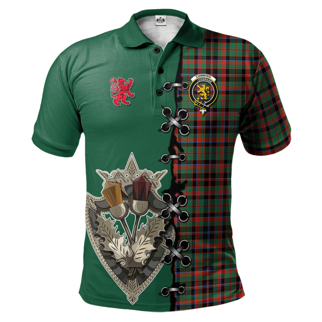 Clan Cumming Hunting Ancient Tartan Polo Shirt - Lion Rampant And Celtic Thistle Style QI69 Cumming Hunting Ancient Tartan Tartan Polo   