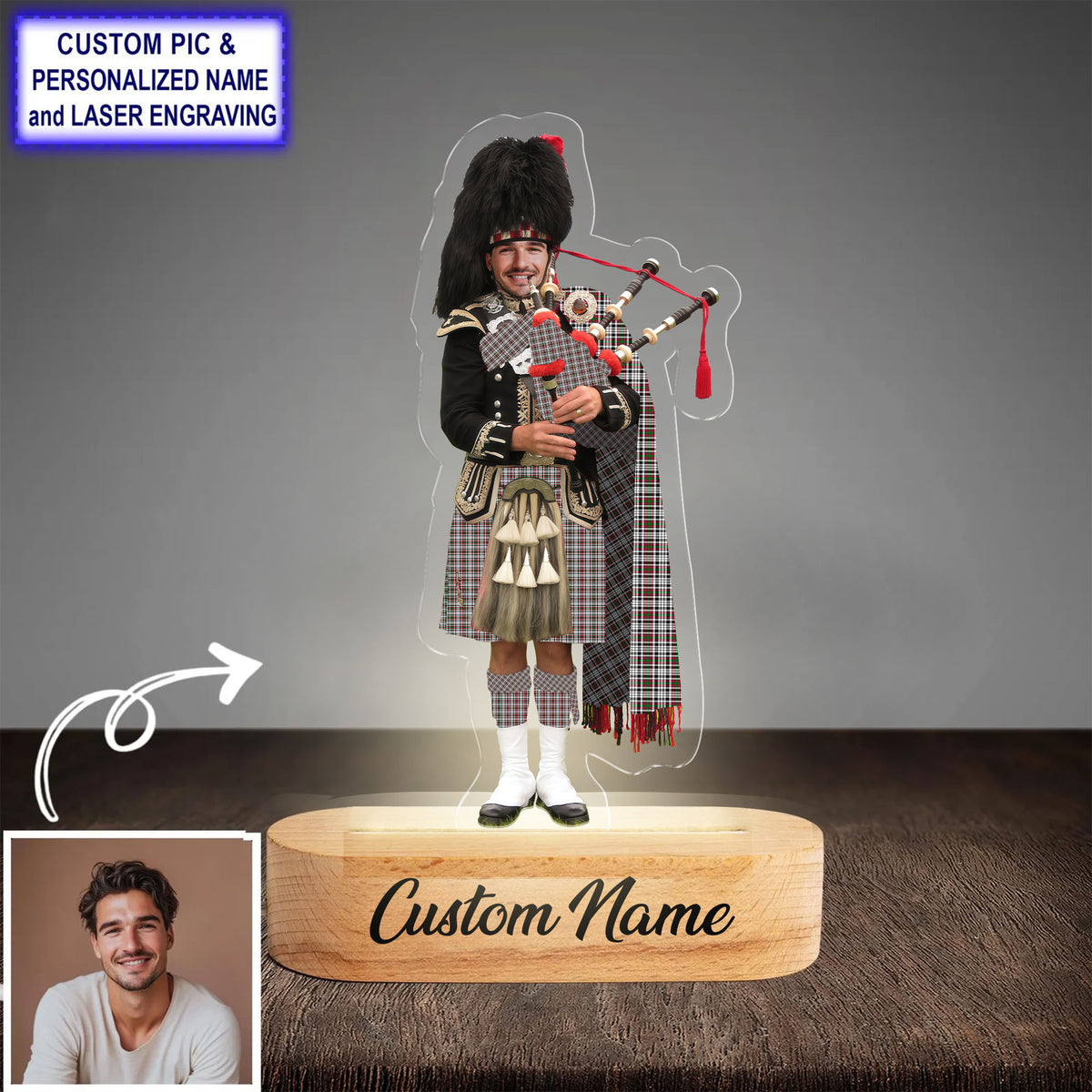 Custom Bagpipe d Tartan LED Night Light - Personalized Scottish Bagpiper Figurine with Wooden Stand