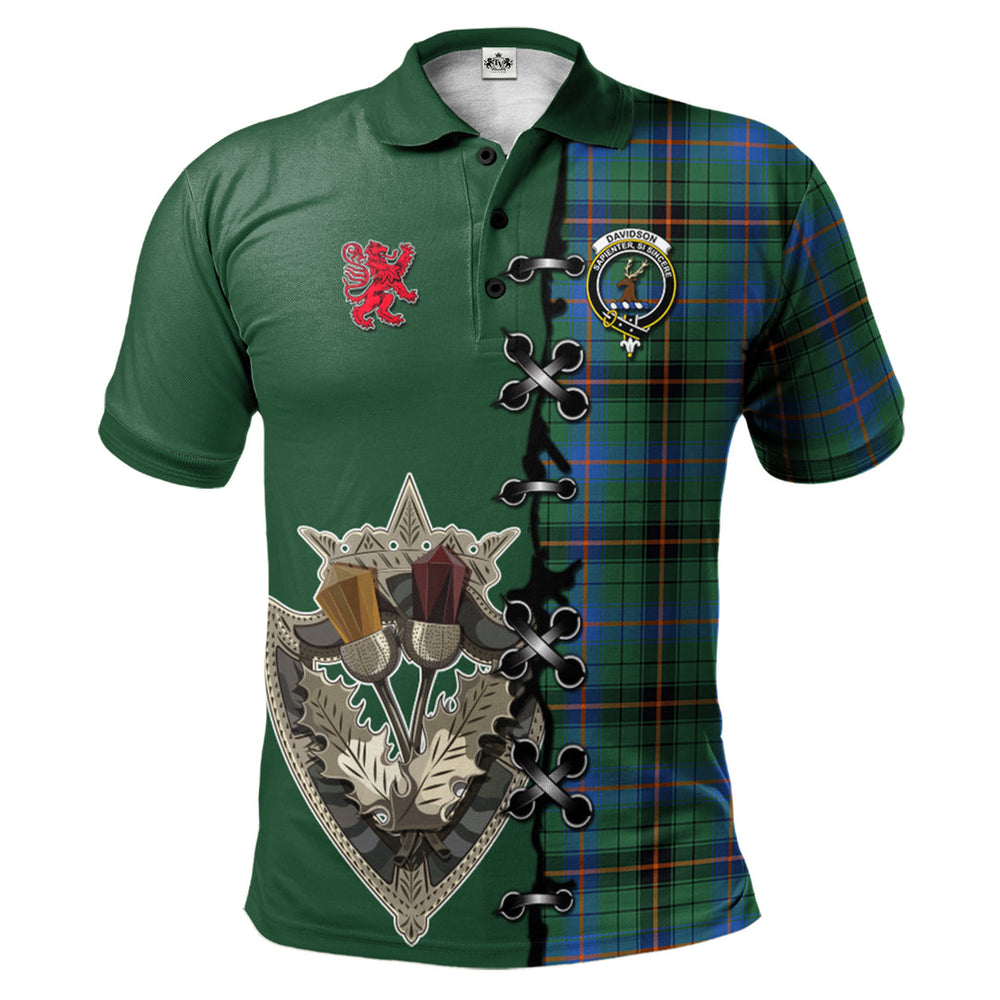 Clan Davidson Ancient Tartan Polo Shirt - Lion Rampant And Celtic Thistle Style IL97 Davidson Ancient Tartan Tartan Polo   