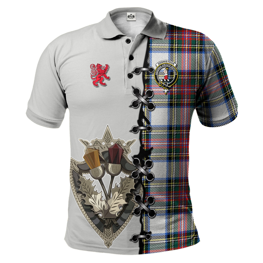 Clan Dennistoun Tartan Polo Shirt - Lion Rampant And Celtic Thistle Style EH20 Dennistoun Tartan Tartan Polo   