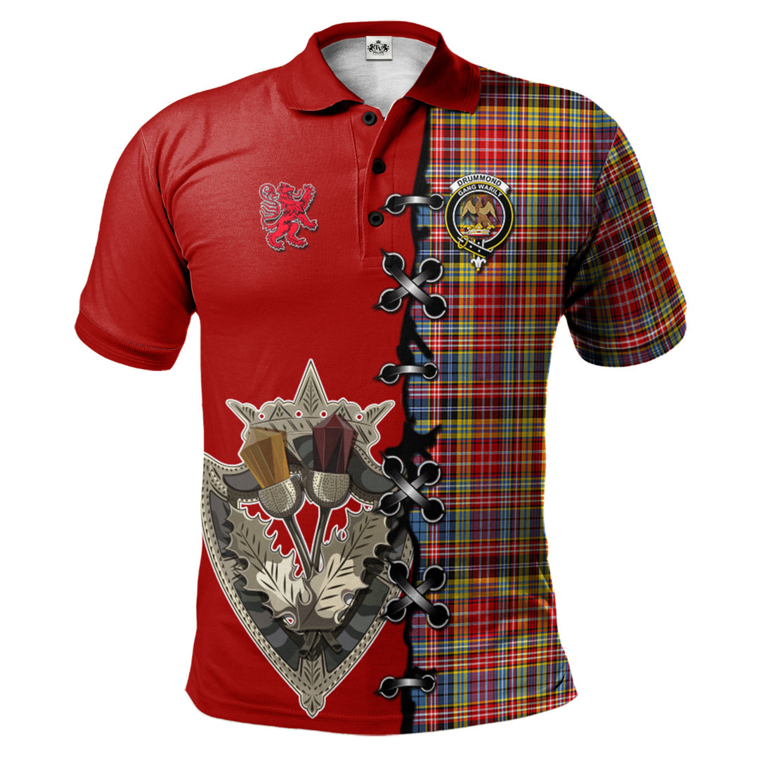 Clan Drummond of Strathallan Modern Tartan Polo Shirt - Lion Rampant And Celtic Thistle Style JT78 Drummond of Strathallan Modern Tartan Tartan Polo   