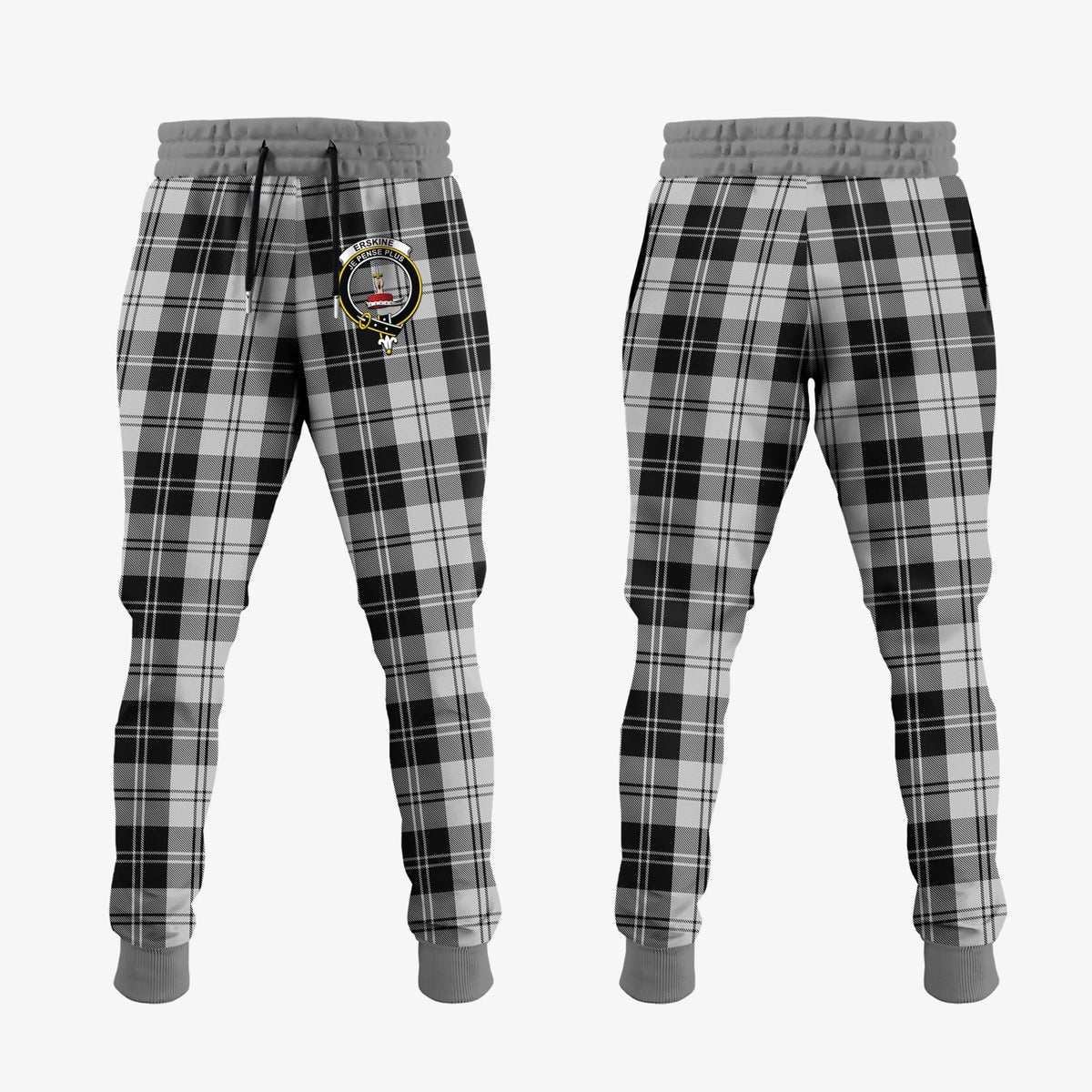 Clan Erskine Black And White Tartan Crest Jogger Sweatpants LA49 Clan Erskine Tartan Today   