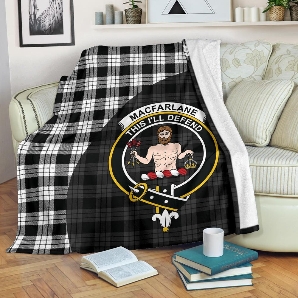 Clan MacFarlane Black  & White Tartan Crest Blanket Wave Style BN76 Clan MacFarlane Tartan Today   