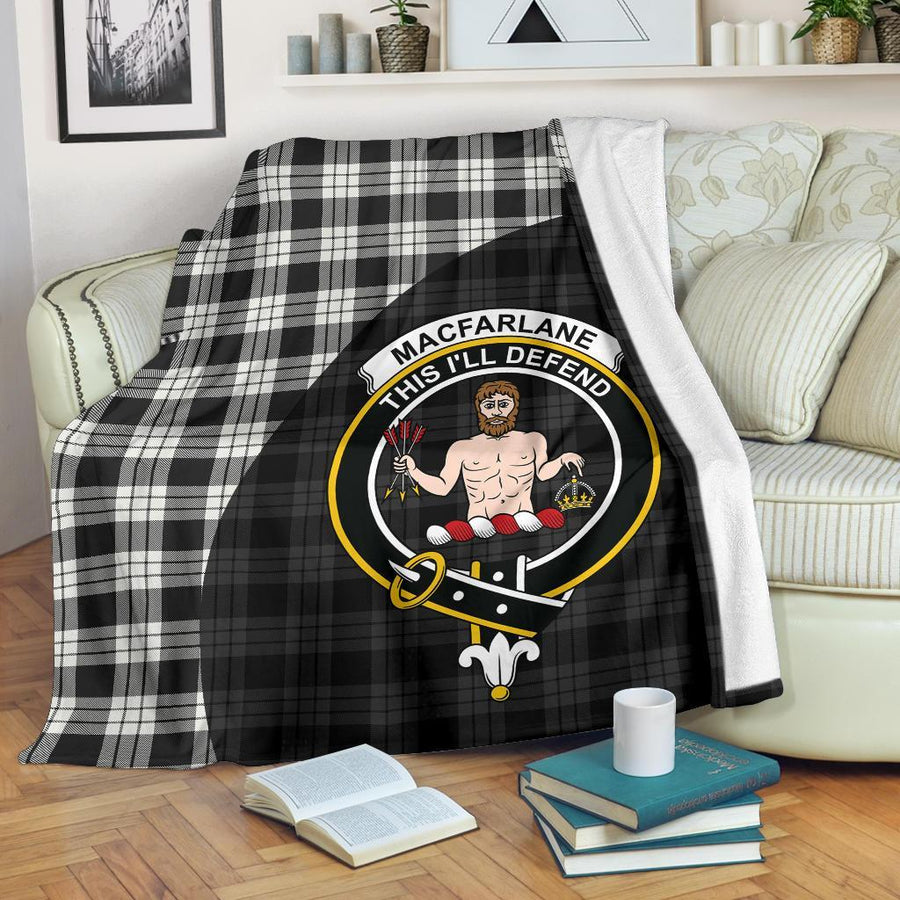 Clan MacFarlane Black & White Ancient Tartan Crest Blanket Wave Style