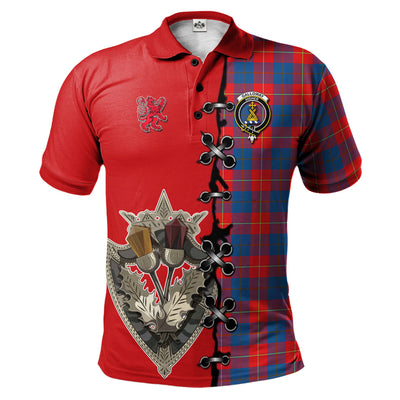 Clan Galloway Red Tartan Polo Shirt - Lion Rampant And Celtic Thistle Style