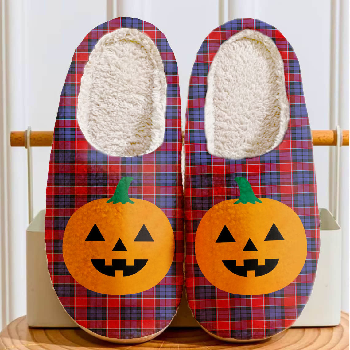 Clan Haldane 1 Tartan Halloween Pumpkin Slippers, Fluffy Spooky Slippers IW10 Haldane 1 Tartan Tartan Halloween   