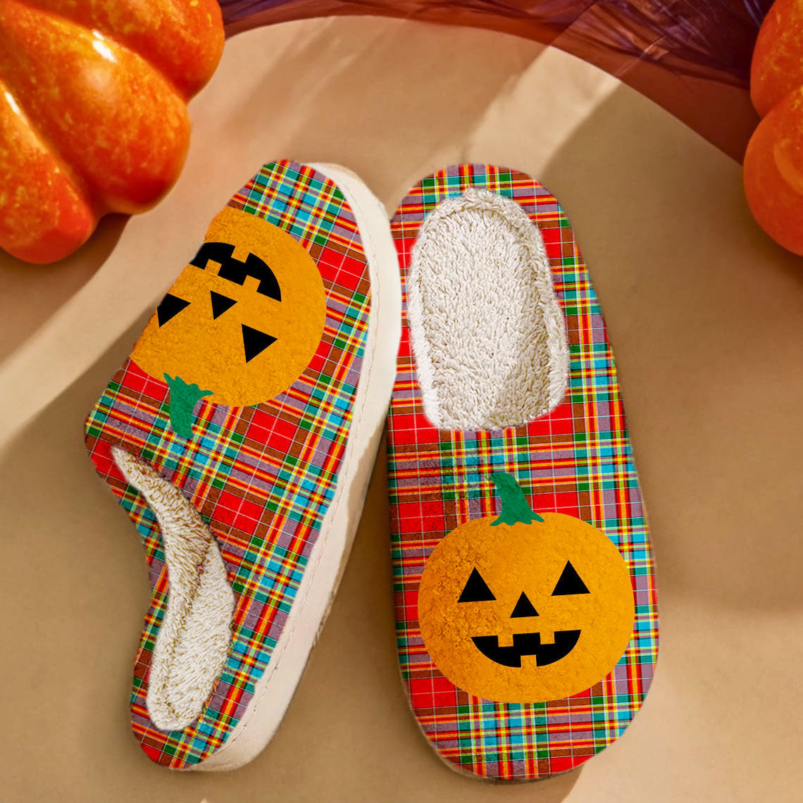 Clan Chattan Tartan Halloween Pumpkin Slippers, Fluffy Spooky Slippers AL35 Chattan Tartan Tartan Halloween   