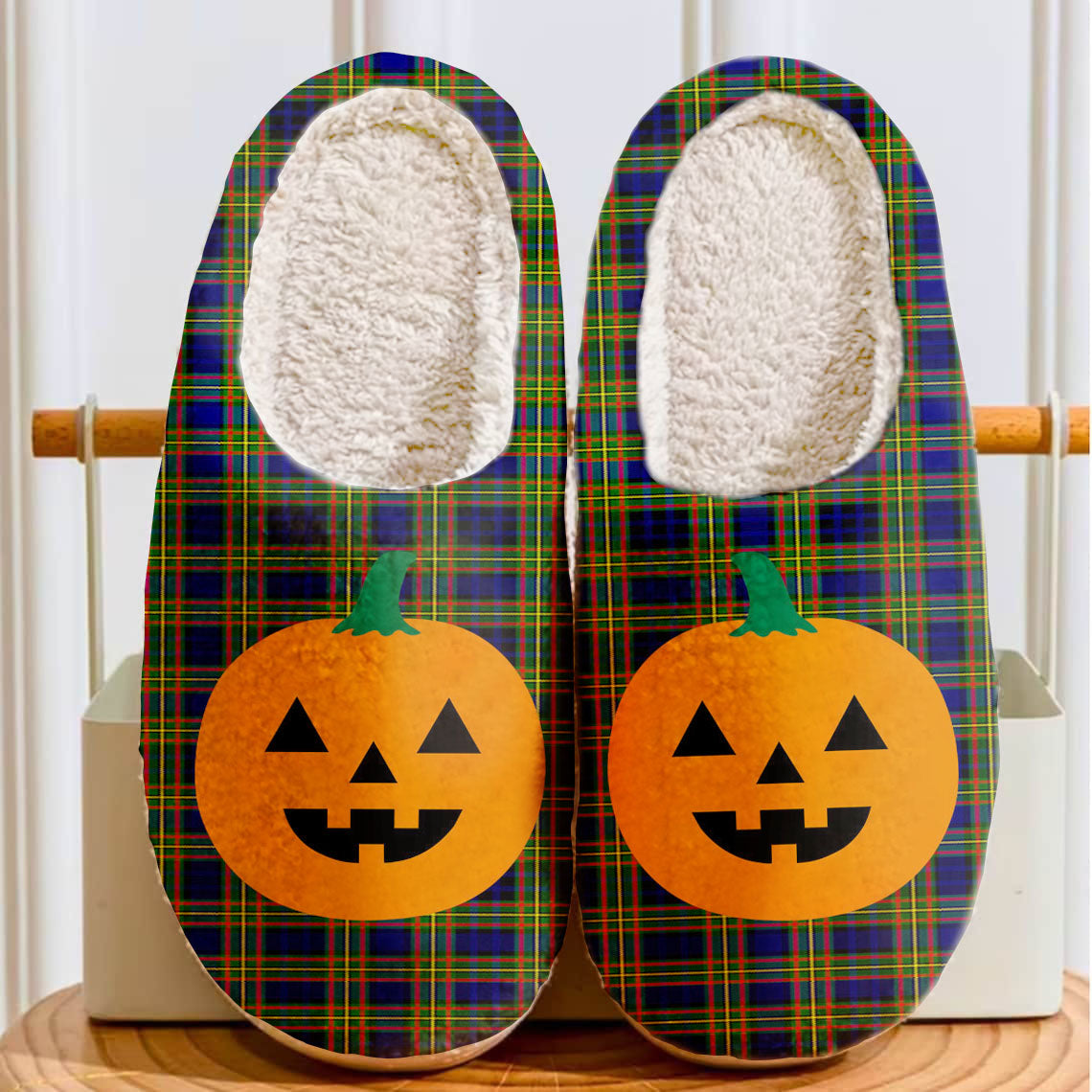 Clan Clelland Modern Tartan Halloween Pumpkin Slippers, Fluffy Spooky Slippers DW77 Clelland Modern Tartan Tartan Halloween   