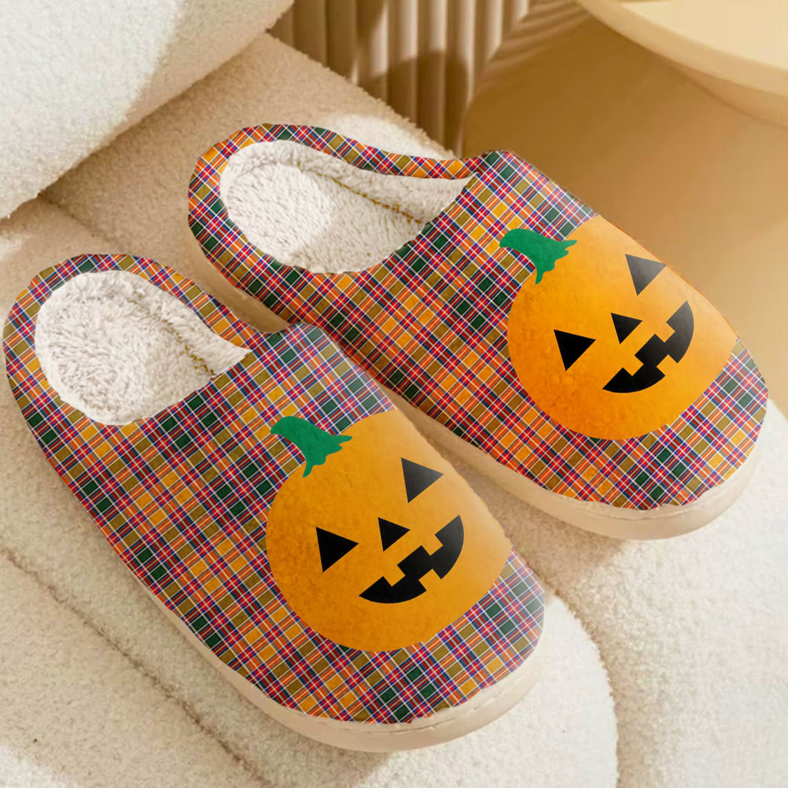 Clan Jacobite Tartan Halloween Pumpkin Slippers, Fluffy Spooky Slippers OI65 Jacobite Tartan Tartan Halloween   