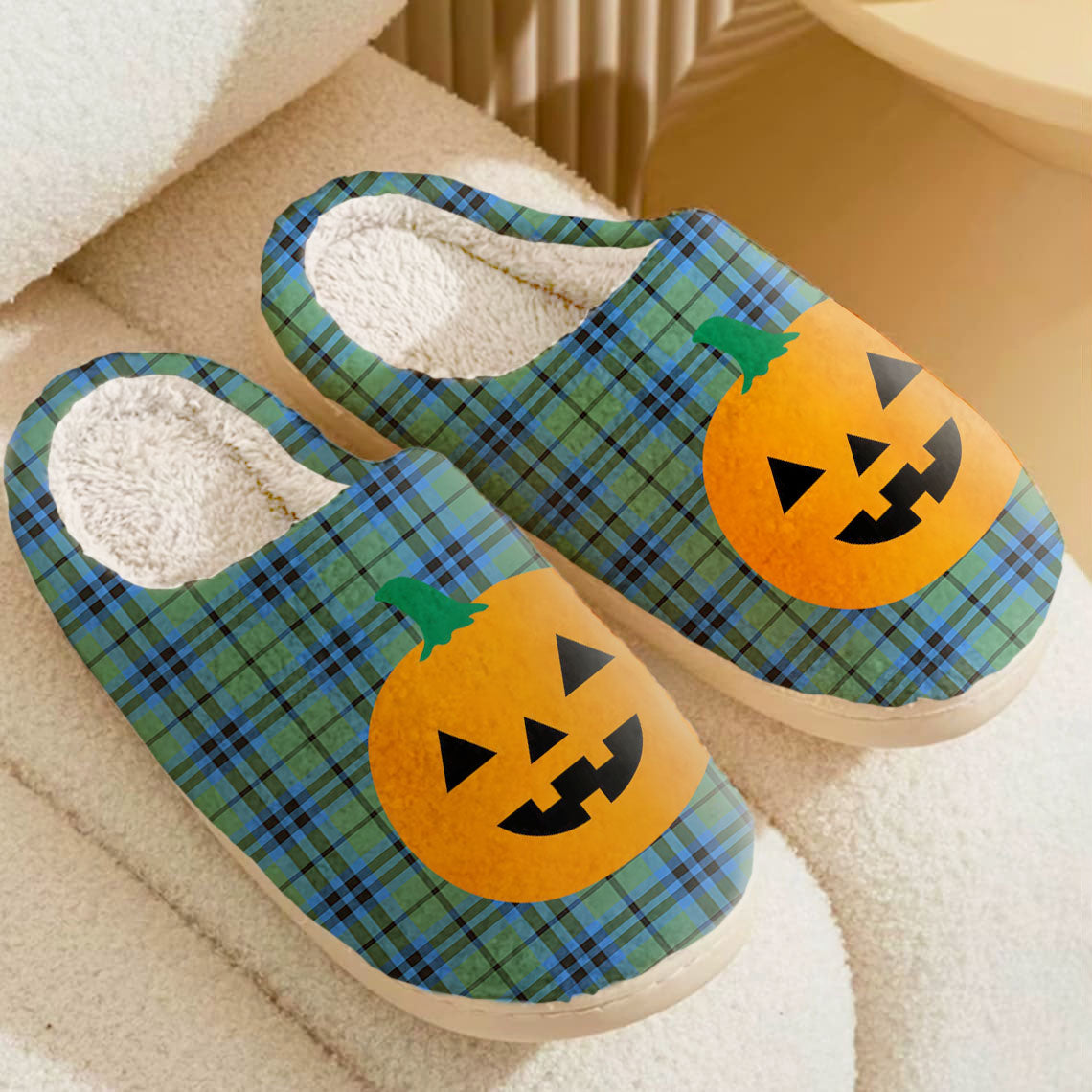 Clan Falconer Tartan Halloween Pumpkin Slippers, Fluffy Spooky Slippers ST93 Falconer Tartan Tartan Halloween   