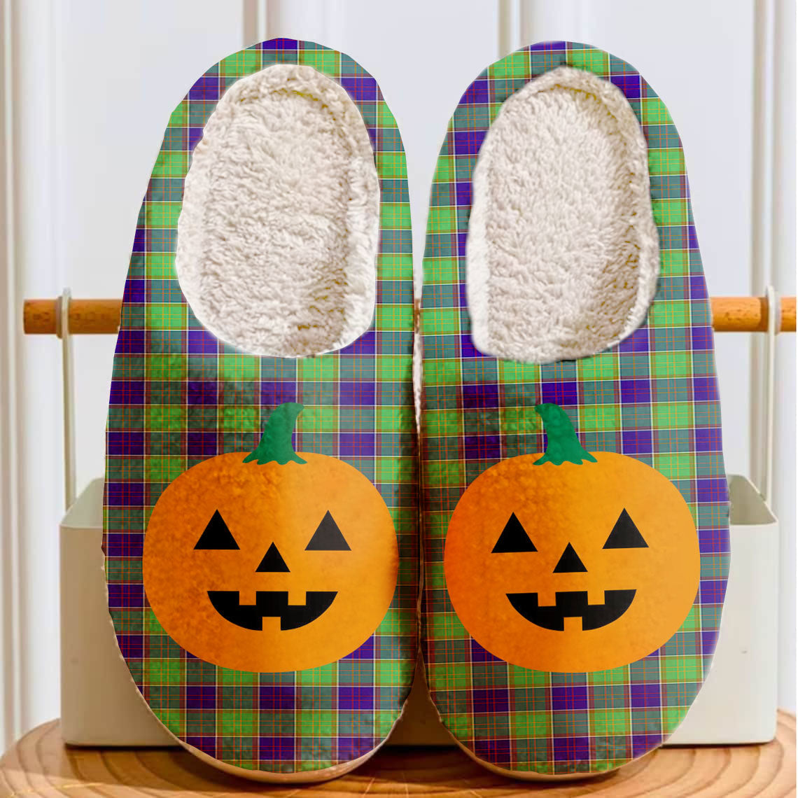 Clan Dalrymple Tartan Halloween Pumpkin Slippers, Fluffy Spooky Slippers MX47 Dalrymple Tartan Tartan Halloween   