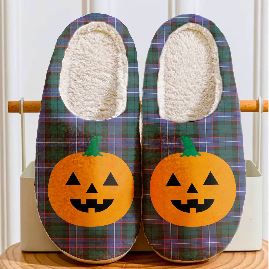 Clan Guthrie Modern Tartan Halloween Pumpkin Slippers, Fluffy Spooky Slippers NV29 Guthrie Modern Tartan Tartan Halloween   