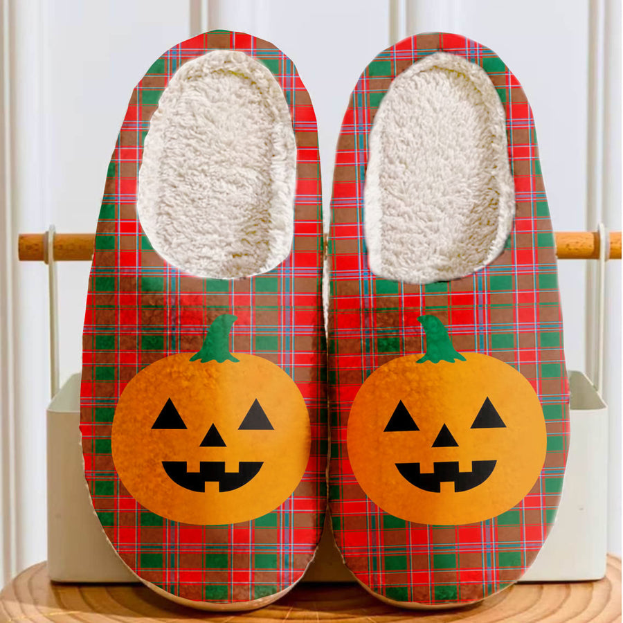 Clan Dalziel Modern Tartan Halloween Pumpkin Slippers, Fluffy Spooky Slippers FW88 Dalziel Modern Tartan Tartan Halloween   