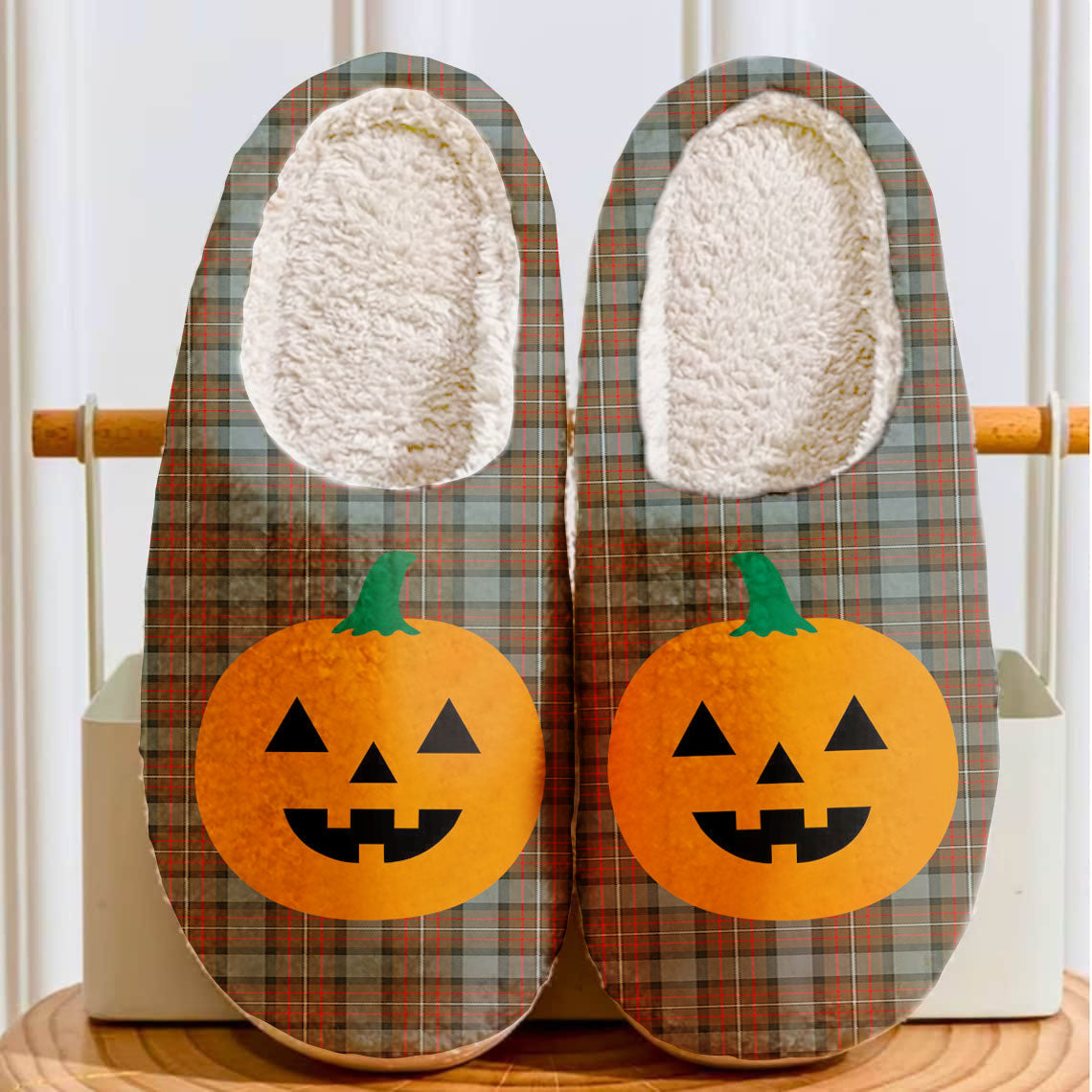 Clan Fergusson Weathered Tartan Halloween Pumpkin Slippers, Fluffy Spooky Slippers UK81 Fergusson Weathered Tartan Tartan Halloween   