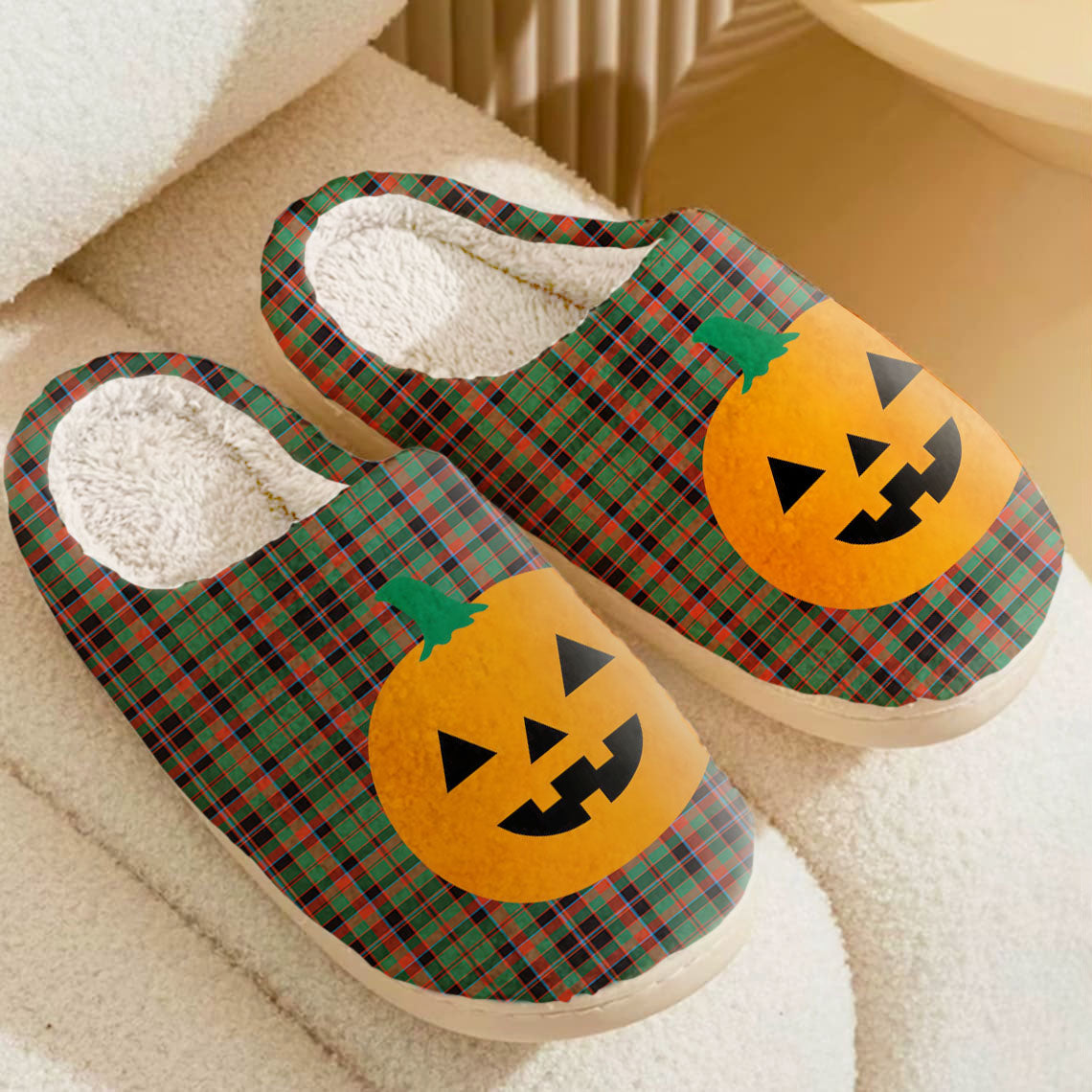 Clan Cumming Hunting Ancient Tartan Halloween Pumpkin Slippers, Fluffy Spooky Slippers SQ56 Cumming Hunting Ancient Tartan Tartan Halloween   