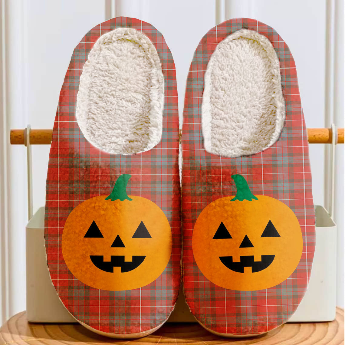 Clan Fraser Weathered Tartan Halloween Pumpkin Slippers, Fluffy Spooky Slippers HR60 Fraser Weathered Tartan Tartan Halloween   