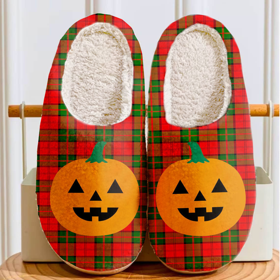 Clan Dunbar Modern Tartan Halloween Pumpkin Slippers, Fluffy Spooky Slippers LH98 Dunbar Modern Tartan Tartan Halloween   