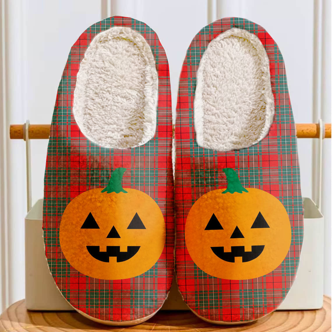 Clan Cumming Modern Tartan Halloween Pumpkin Slippers, Fluffy Spooky Slippers TY84 Cumming Modern Tartan Tartan Halloween   