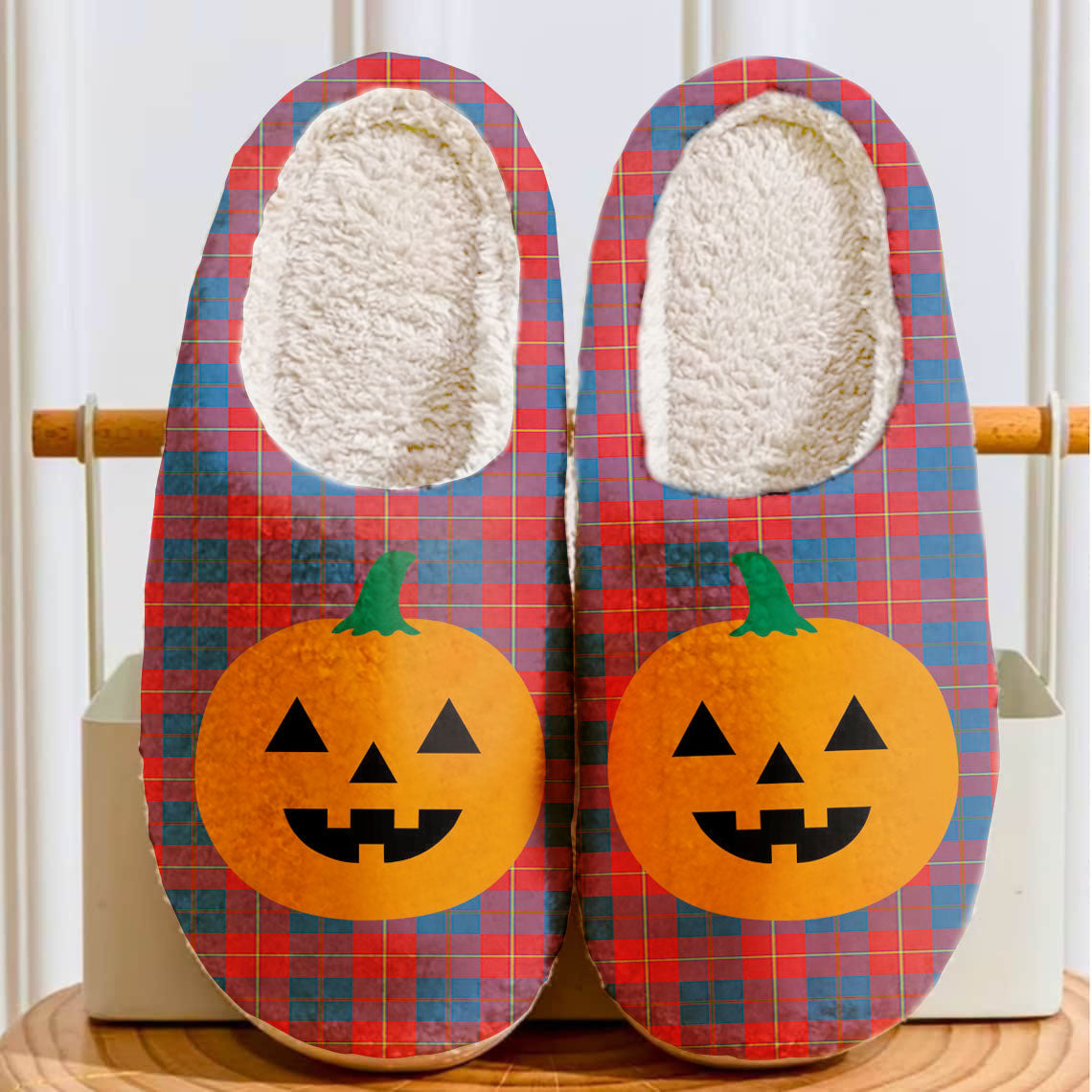 Clan Galloway Red Tartan Halloween Pumpkin Slippers, Fluffy Spooky Slippers AN49 Galloway Red Tartan Tartan Halloween   