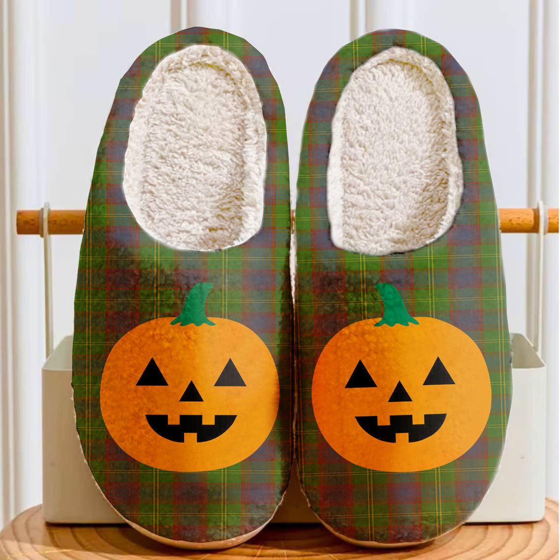 Clan Durie Tartan Halloween Pumpkin Slippers, Fluffy Spooky Slippers OX15 Durie Tartan Tartan Halloween   