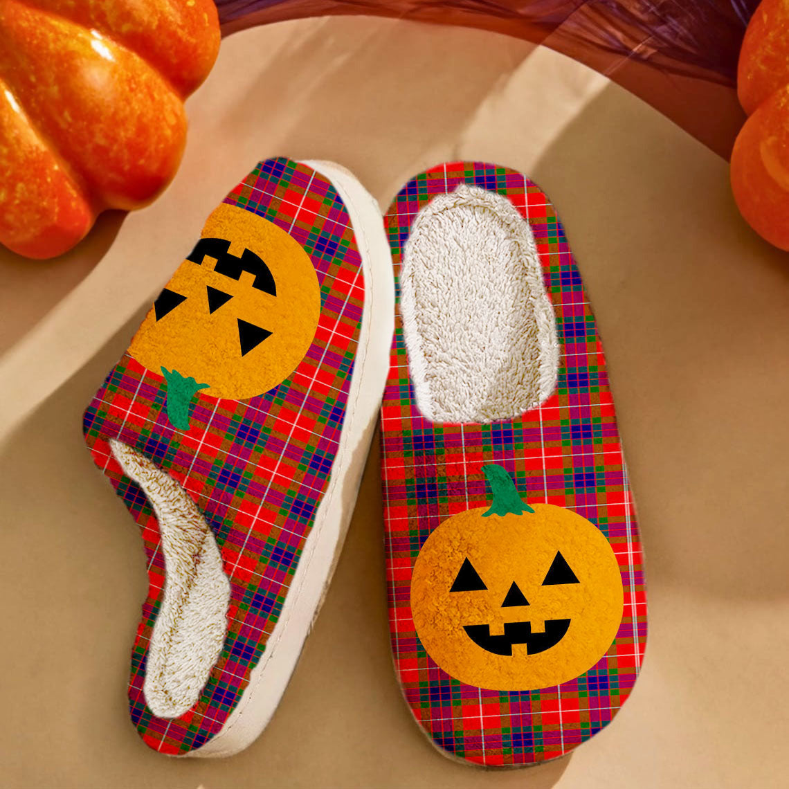 Clan Fraser Modern Tartan Halloween Pumpkin Slippers, Fluffy Spooky Slippers GL35 Fraser Modern Tartan Tartan Halloween   