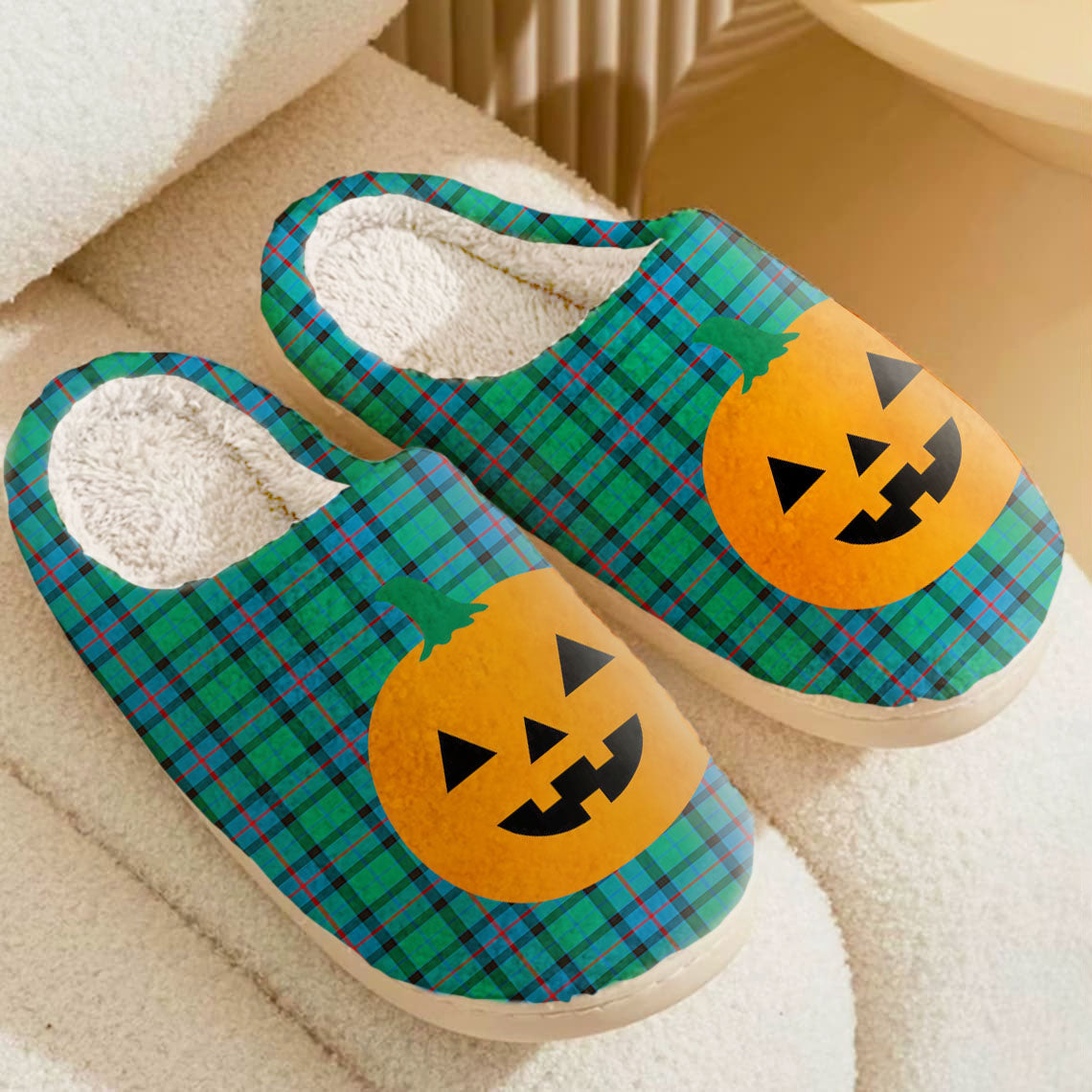 Clan Flower Of Scotland Tartan Halloween Pumpkin Slippers, Fluffy Spooky Slippers GU22 Flower Of Scotland Tartan Tartan Halloween   
