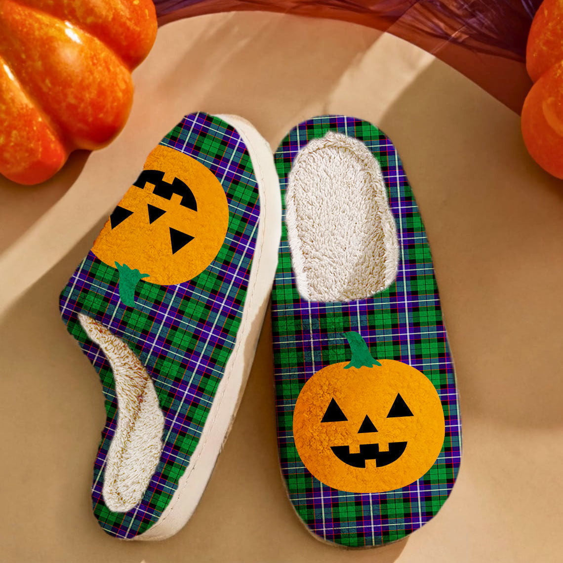 Clan Hunter Tartan Halloween Pumpkin Slippers, Fluffy Spooky Slippers JN76 Hunter Tartan Tartan Halloween   