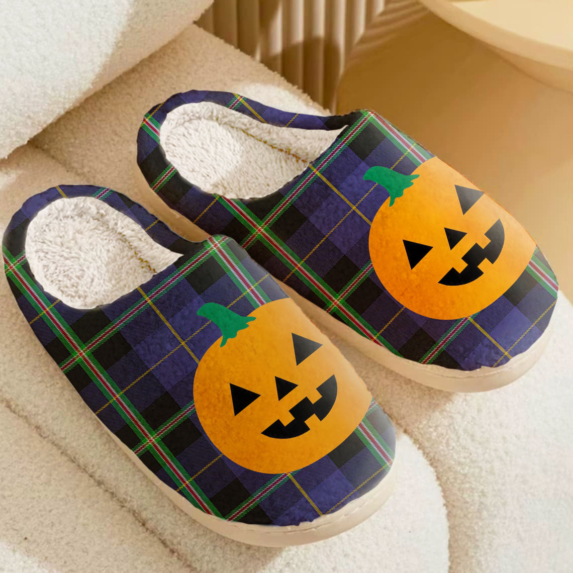 Clan Italian National Tartan Halloween Pumpkin Slippers, Fluffy Spooky Slippers VG33 Italian National Tartan Tartan Halloween   