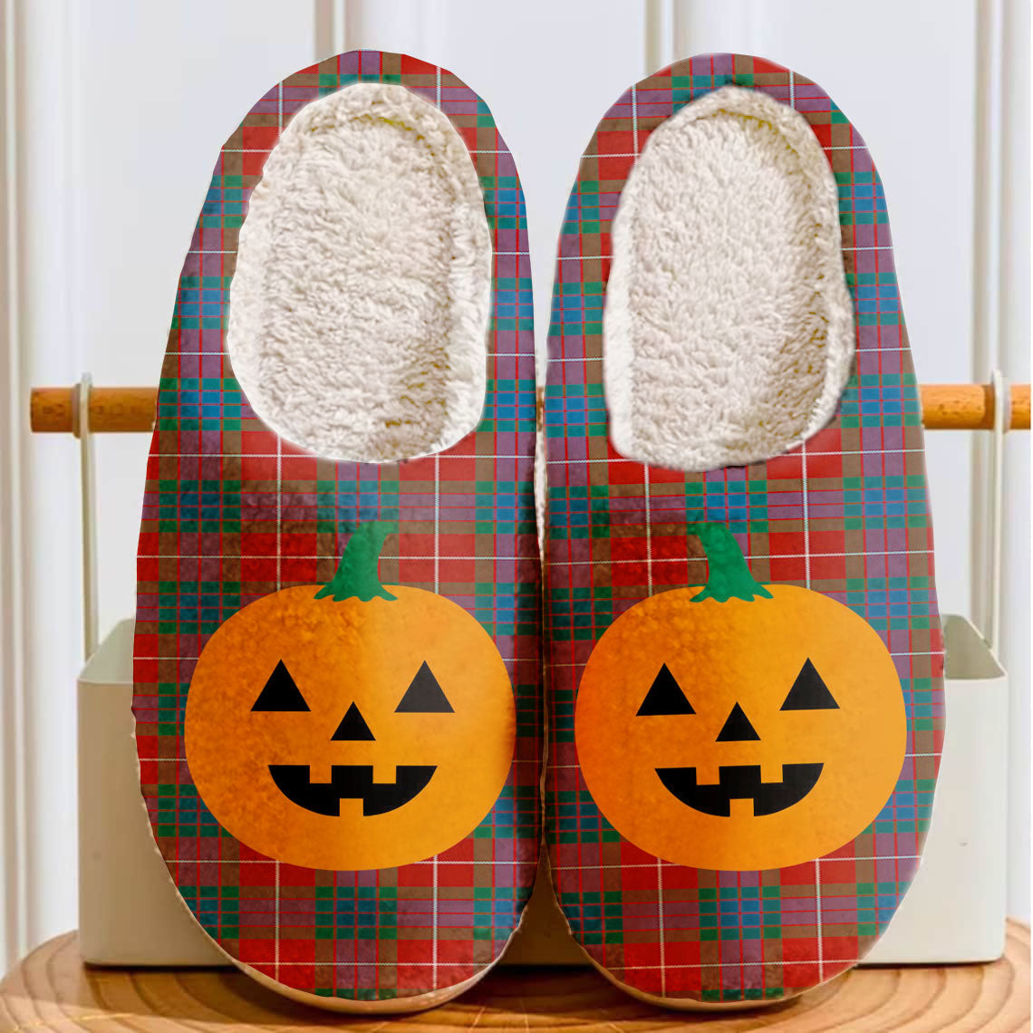 Clan Fraser Ancient Tartan Halloween Pumpkin Slippers, Fluffy Spooky Slippers TO53 Fraser Ancient Tartan Tartan Halloween   