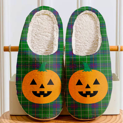 Clan Duncan Modern Tartan Halloween Pumpkin Slippers, Fluffy Spooky Slippers RA63