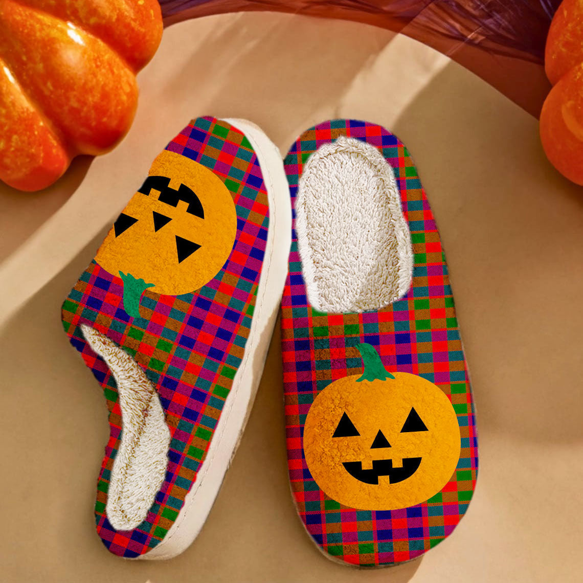 Clan Gow Modern Tartan Halloween Pumpkin Slippers, Fluffy Spooky Slippers LM46 Gow Modern Tartan Tartan Halloween   