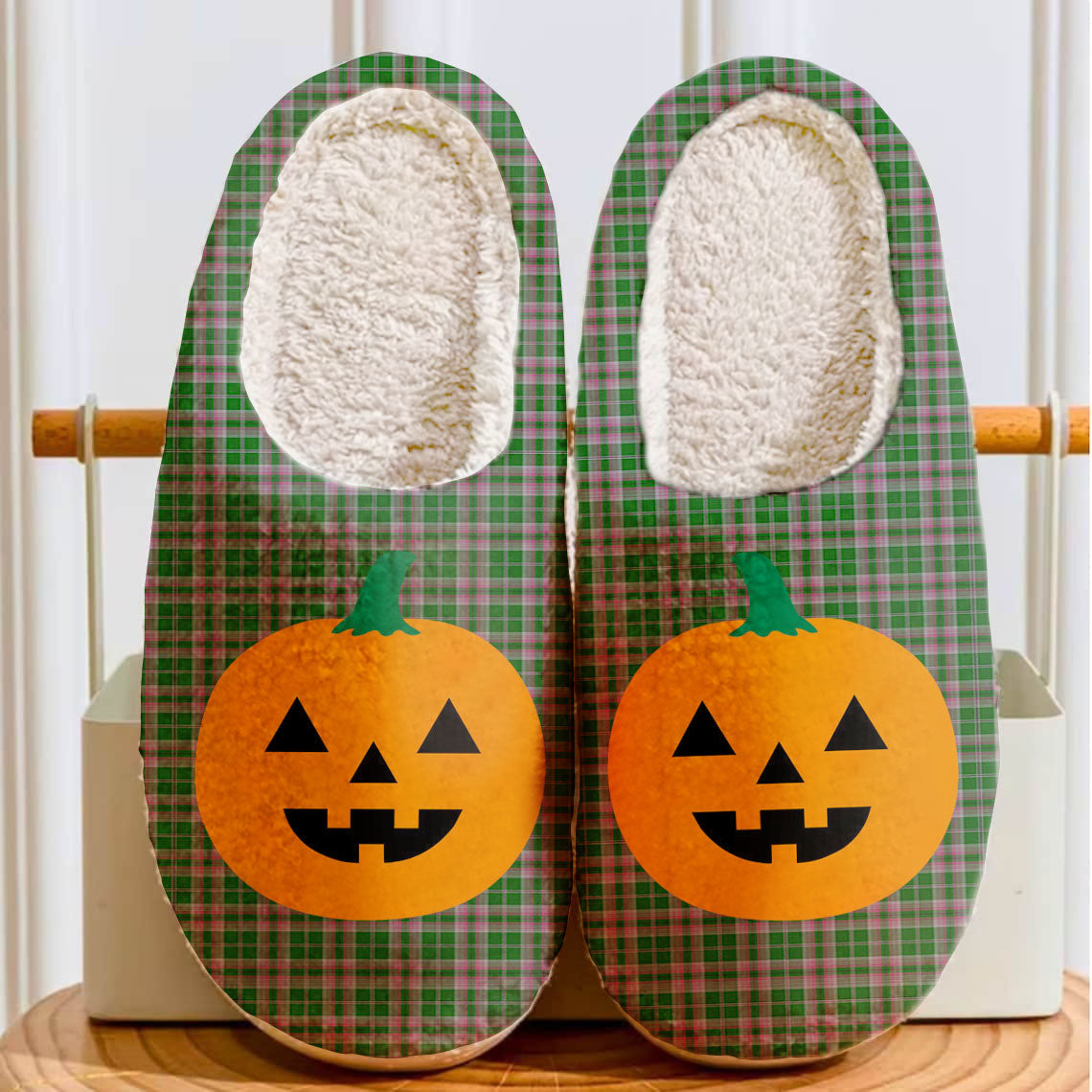 Clan Gray Hunting Tartan Halloween Pumpkin Slippers, Fluffy Spooky Slippers ZC20 Gray Hunting Tartan Tartan Halloween   