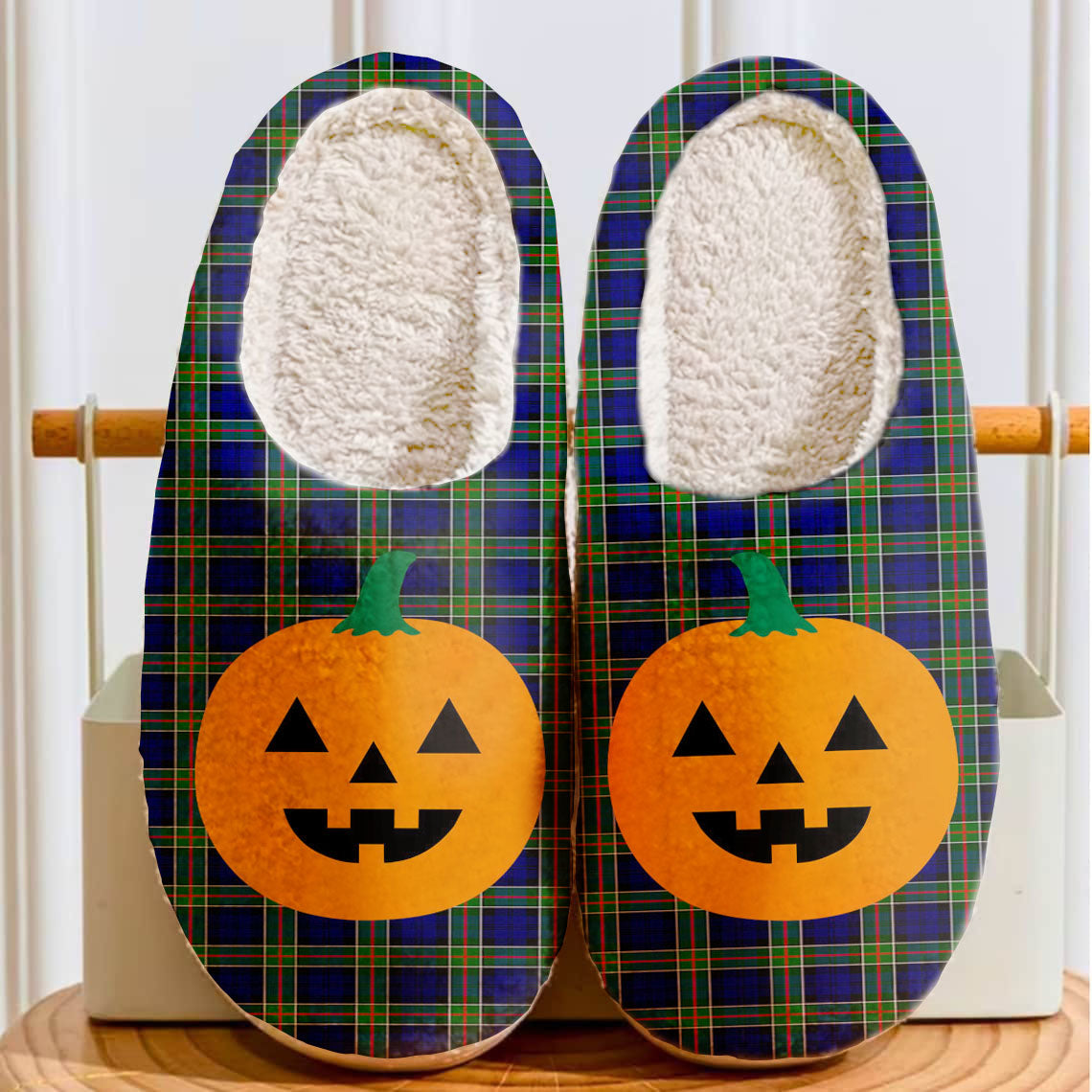 Clan Colquhoun Modern Tartan Halloween Pumpkin Slippers, Fluffy Spooky Slippers US57 Colquhoun Modern Tartan Tartan Halloween   