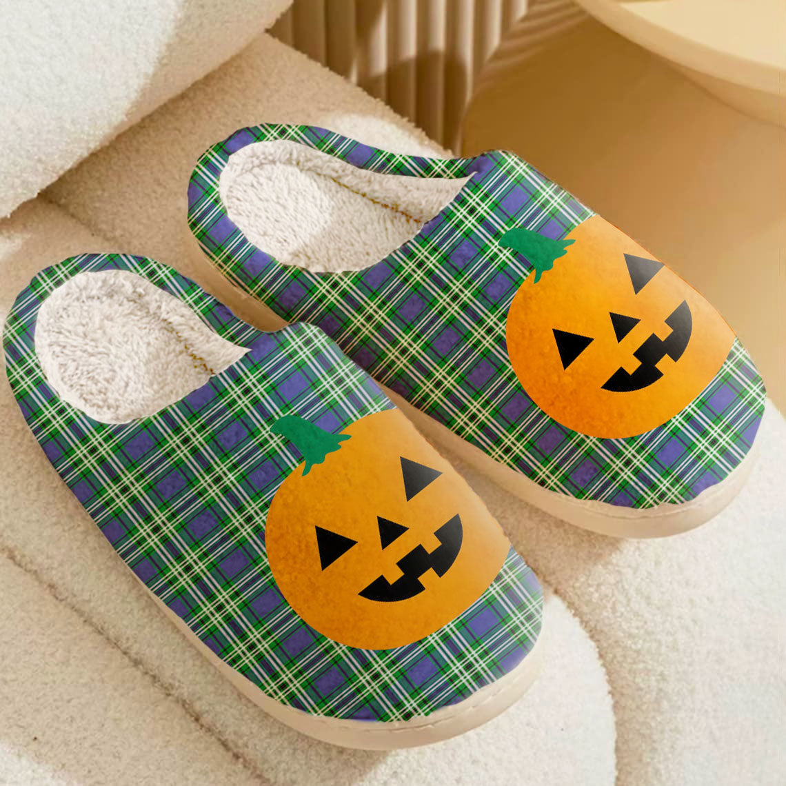 Clan Haliburton Tartan Halloween Pumpkin Slippers, Fluffy Spooky Slippers RH90 Haliburton Tartan Tartan Halloween   