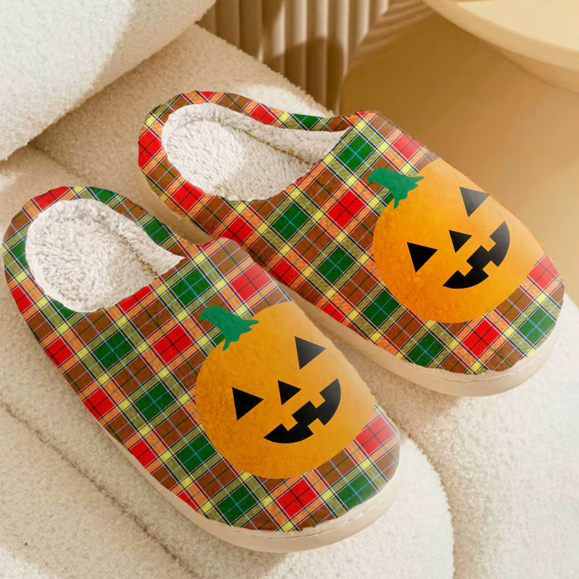 Clan Gibbs Tartan Halloween Pumpkin Slippers, Fluffy Spooky Slippers QQ24 Gibbs Tartan Tartan Halloween   