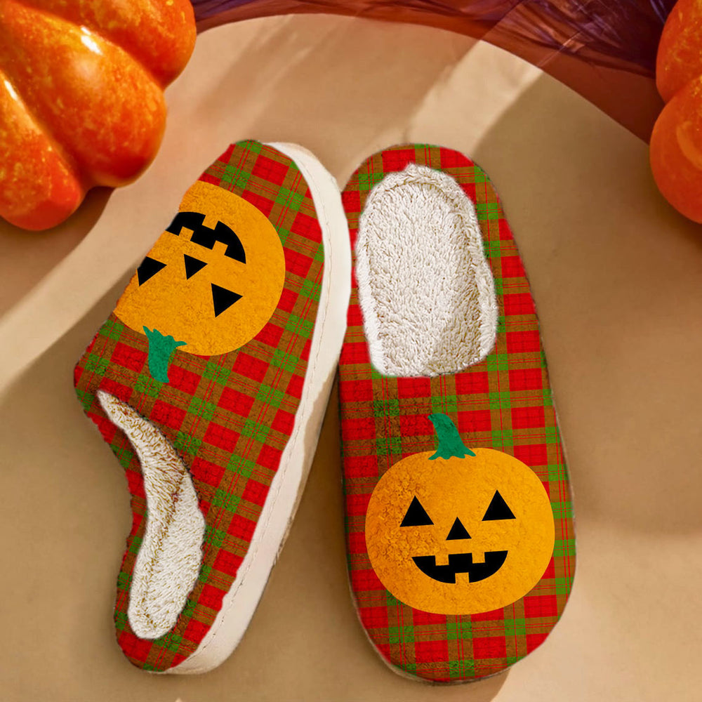 Clan Dewar Tartan Halloween Pumpkin Slippers, Fluffy Spooky Slippers GP74 Dewar Tartan Tartan Halloween   