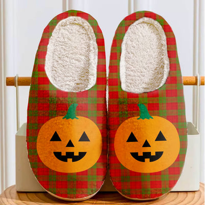Clan Dewar Tartan Halloween Pumpkin Slippers, Fluffy Spooky Slippers
