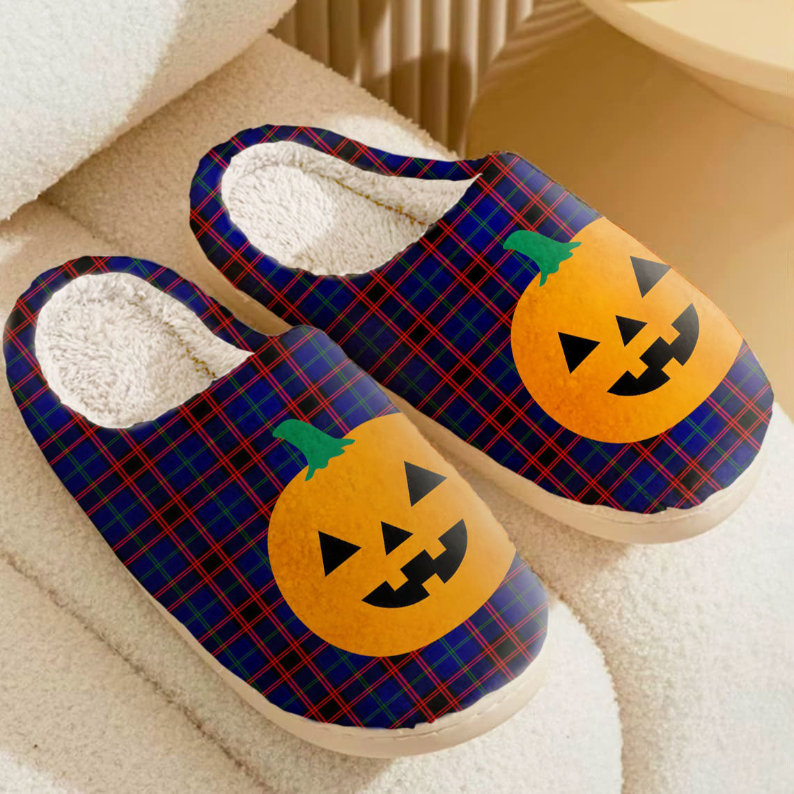 Clan Home Modern Tartan Halloween Pumpkin Slippers, Fluffy Spooky Slippers SS92 Home Modern Tartan Tartan Halloween   