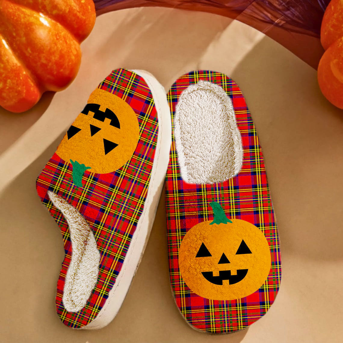 Clan Hepburn Tartan Halloween Pumpkin Slippers, Fluffy Spooky Slippers QR82 Hepburn Tartan Tartan Halloween   