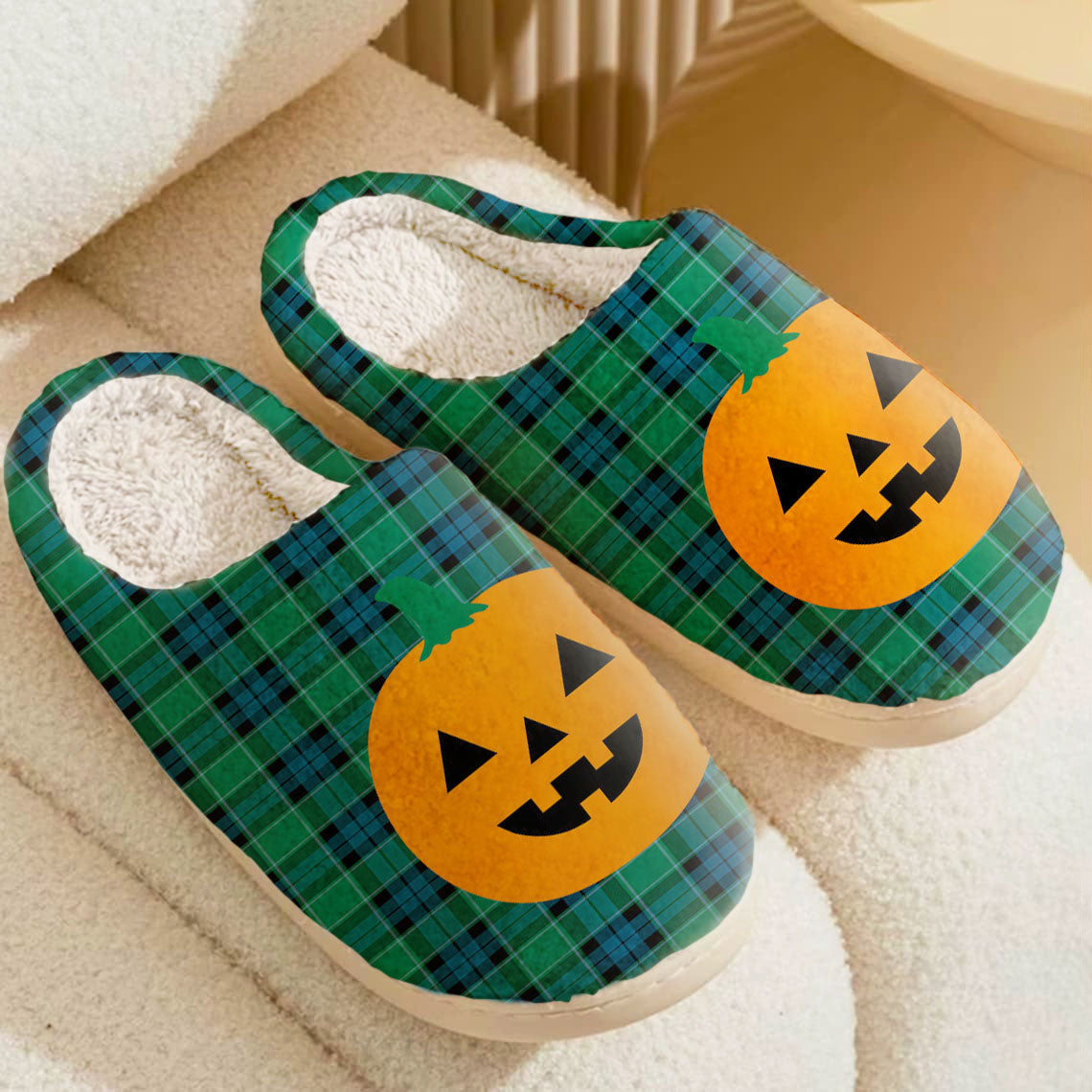 Clan Graham of Menteith Ancient Tartan Halloween Pumpkin Slippers, Fluffy Spooky Slippers FD61 Graham of Menteith Ancient Tartan Tartan Halloween   