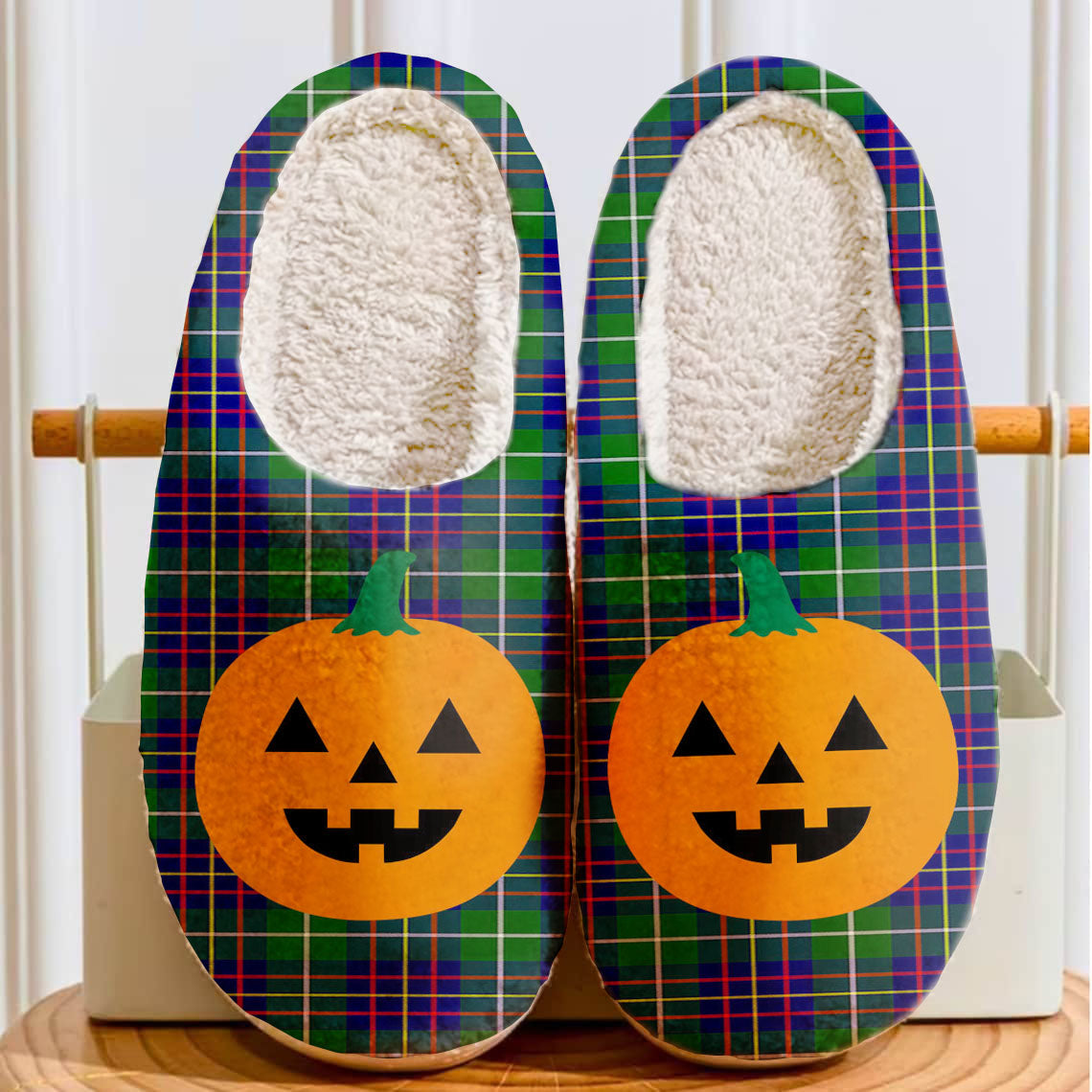 Clan Inglis Modern Tartan Halloween Pumpkin Slippers, Fluffy Spooky Slippers WU75 Inglis Modern Tartan Tartan Halloween   