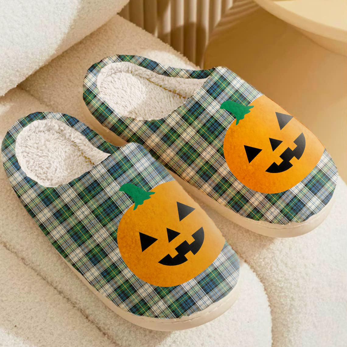 Clan Gordon Dress Ancient Tartan Halloween Pumpkin Slippers, Fluffy Spooky Slippers HX63 Gordon Dress Ancient Tartan Tartan Halloween   