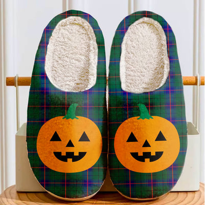 Clan Davidson Modern Tartan Halloween Pumpkin Slippers, Fluffy Spooky Slippers XA45
