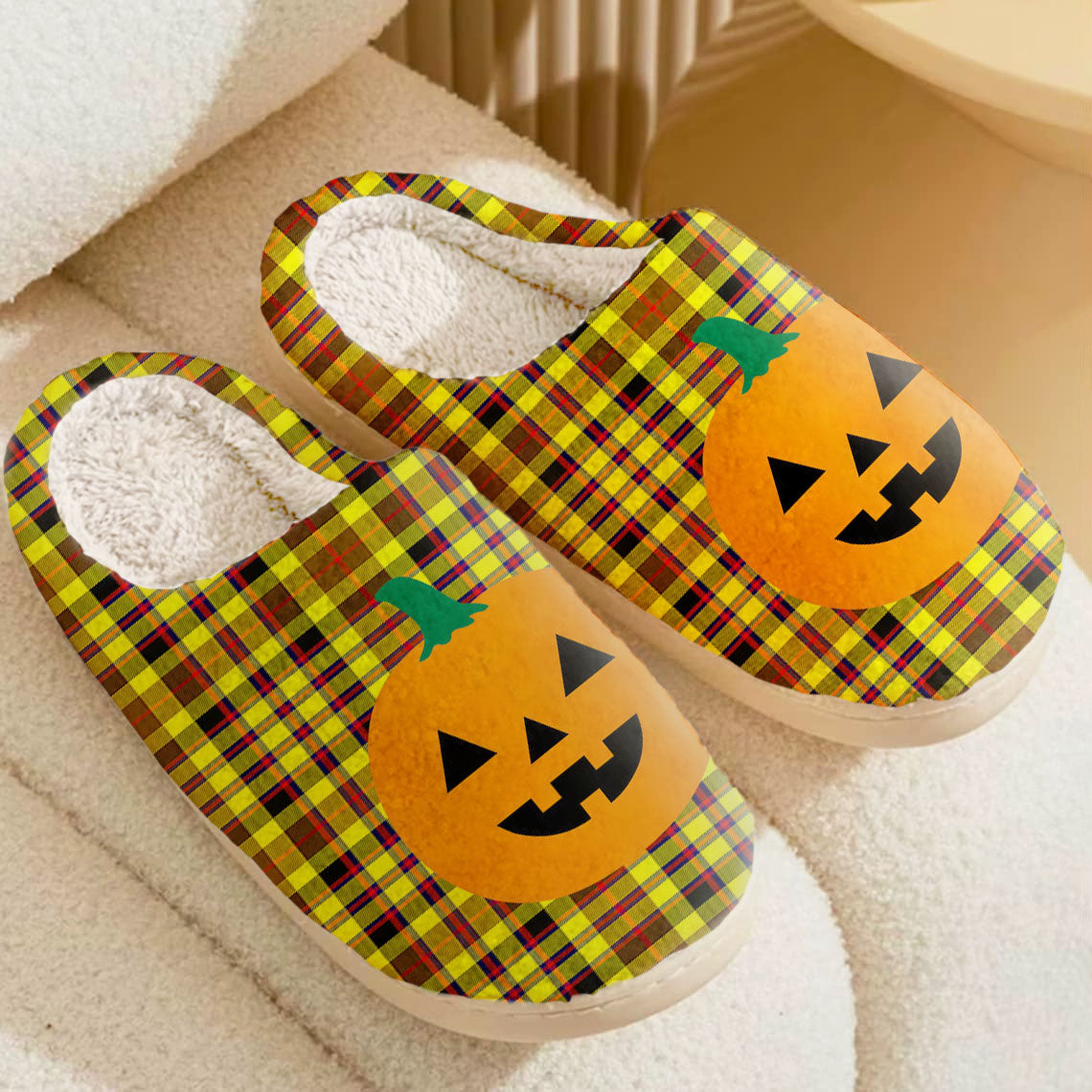 Clan Jardine Tartan Halloween Pumpkin Slippers, Fluffy Spooky Slippers DH54 Jardine Tartan Tartan Halloween   