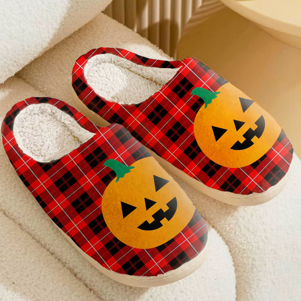 Clan Cunningham Modern Tartan Halloween Pumpkin Slippers, Fluffy Spooky Slippers WM11 Cunningham Modern Tartan Tartan Halloween   