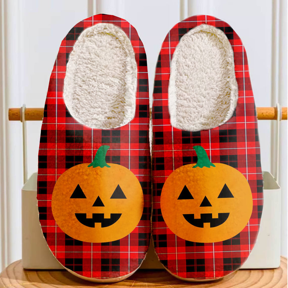 Clan Cunningham Modern Tartan Halloween Pumpkin Slippers, Fluffy Spooky Slippers WM11 Cunningham Modern Tartan Tartan Halloween   