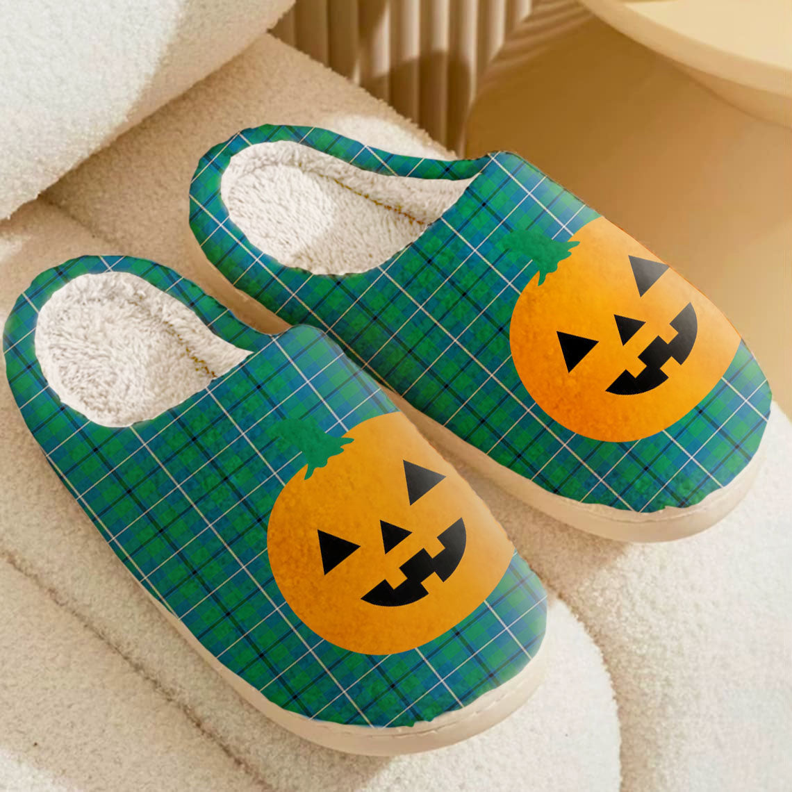Clan Douglas Ancient Tartan Halloween Pumpkin Slippers, Fluffy Spooky Slippers CS27 Douglas Ancient Tartan Tartan Halloween   