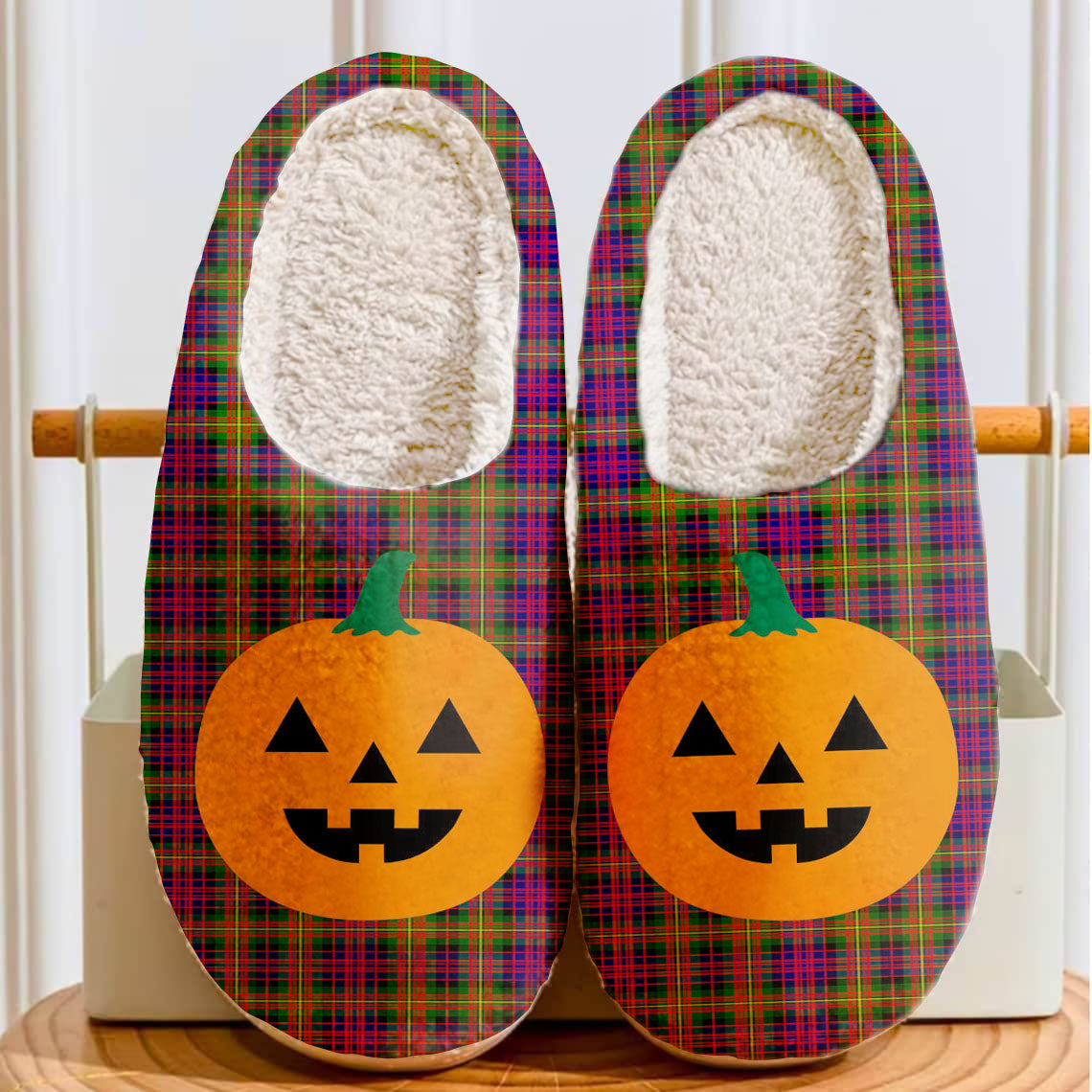 Clan Carnegie Modern Tartan Halloween Pumpkin Slippers, Fluffy Spooky Slippers BZ12 Carnegie Modern Tartan Tartan Halloween   