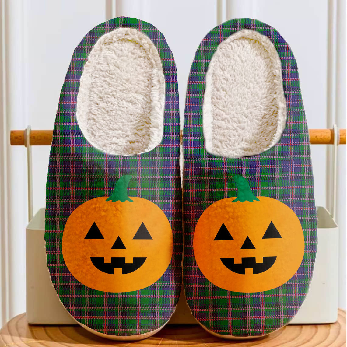 Clan Cooper Modern Tartan Halloween Pumpkin Slippers, Fluffy Spooky Slippers QZ80 Cooper Modern Tartan Tartan Halloween   